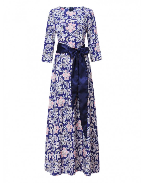 Elegant Women Floral Printed 3/4 Sleeve Maxi Dress With Belt