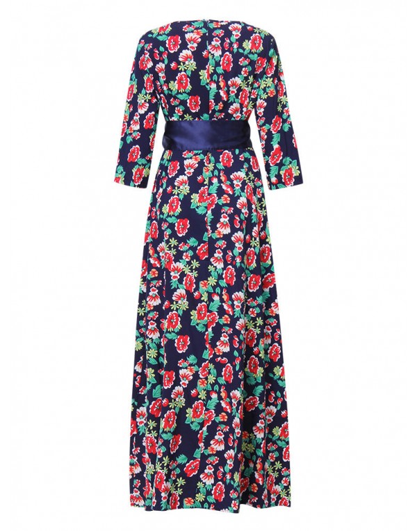 Elegant Women Floral Printed 3/4 Sleeve Maxi Dress With Belt