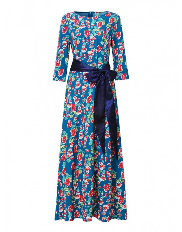 Elegant Women Floral Printed 3/4 Sleeve Maxi Dress With Belt