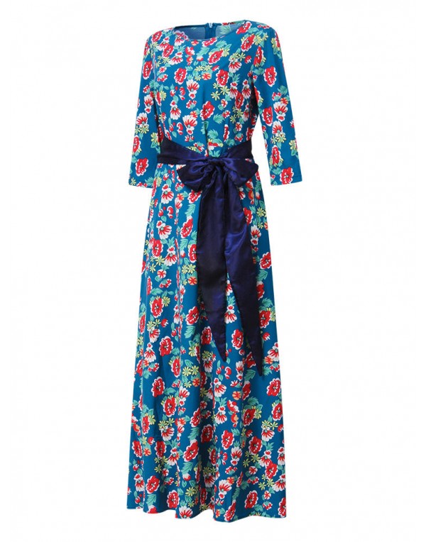 Elegant Women Floral Printed 3/4 Sleeve Maxi Dress With Belt