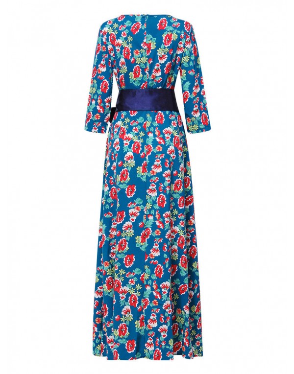 Elegant Women Floral Printed 3/4 Sleeve Maxi Dress With Belt