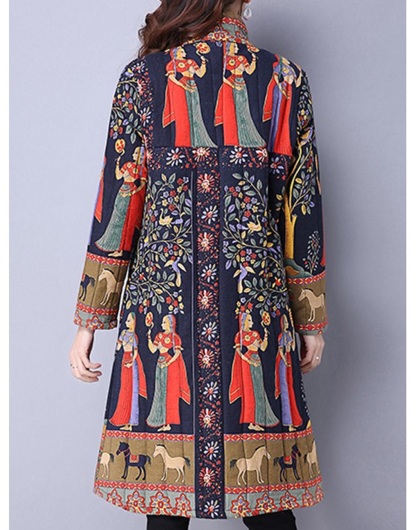 Vintage Women Chinese Frog Stand Collar Printed Long Sleeve Coats