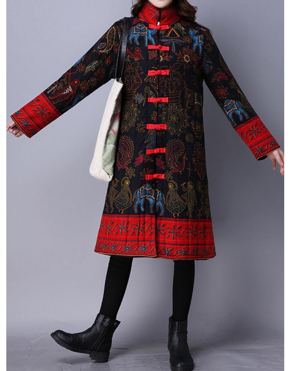 Vintage Women Chinese Frog Stand Collar Printed Long Sleeve Coats