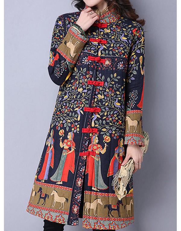 Vintage Women Chinese Frog Stand Collar Printed Long Sleeve Coats