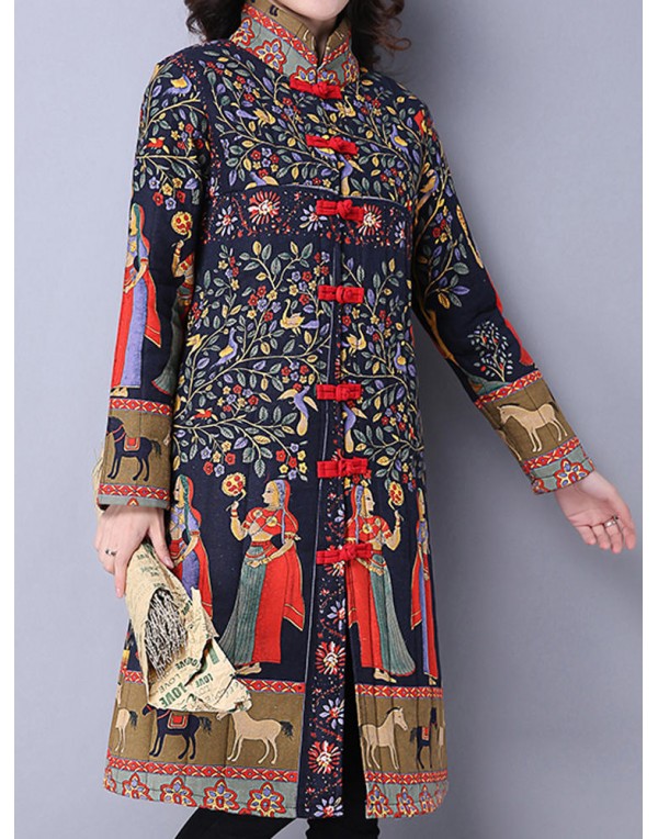 Vintage Women Chinese Frog Stand Collar Printed Long Sleeve Coats