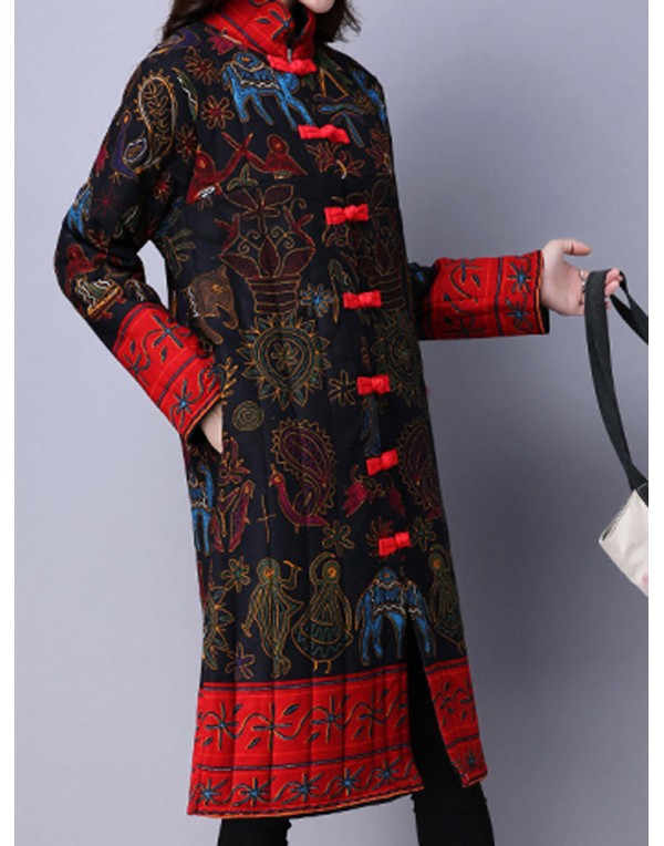 Vintage Women Chinese Frog Stand Collar Printed Long Sleeve Coats