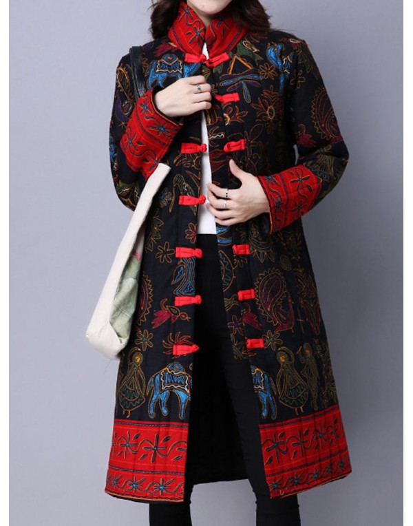 Vintage Women Chinese Frog Stand Collar Printed Long Sleeve Coats