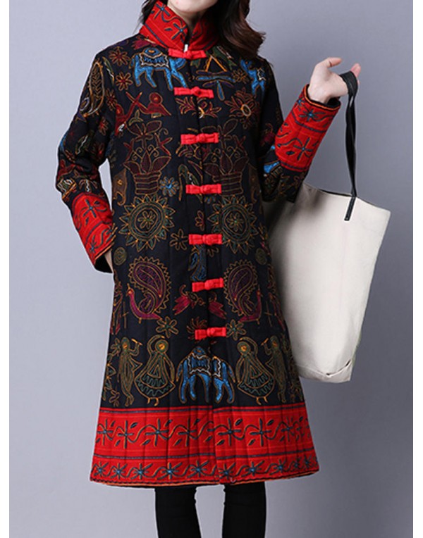 Vintage Women Chinese Frog Stand Collar Printed Long Sleeve Coats