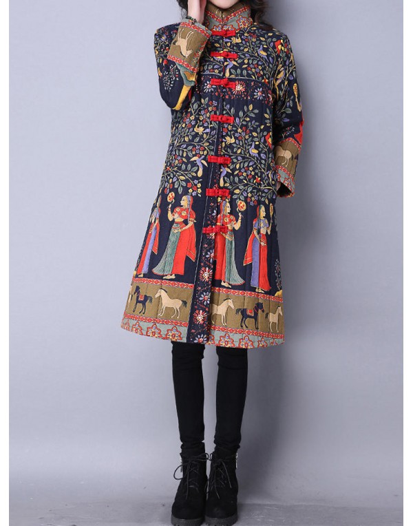 Vintage Women Chinese Frog Stand Collar Printed Long Sleeve Coats