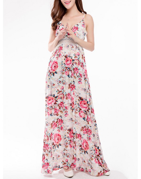 Sexy Women Sleeveless Strap Floral Printed V-neck Beach Maxi Dress