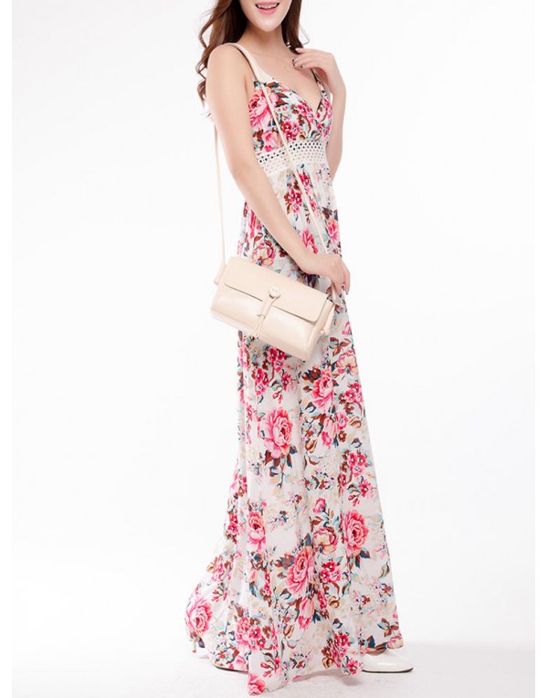 Sexy Women Sleeveless Strap Floral Printed V-neck Beach Maxi Dress