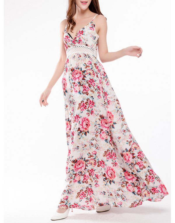 Sexy Women Sleeveless Strap Floral Printed V-neck Beach Maxi Dress