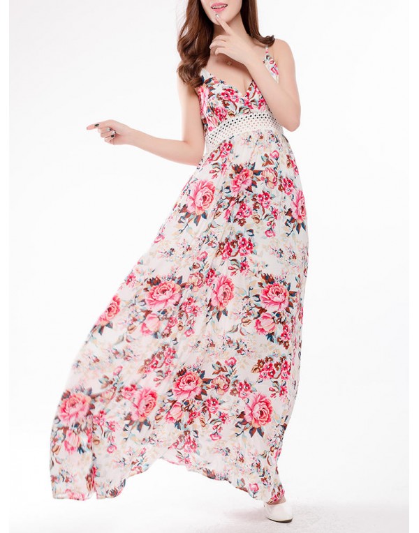 Sexy Women Sleeveless Strap Floral Printed V-neck Beach Maxi Dress