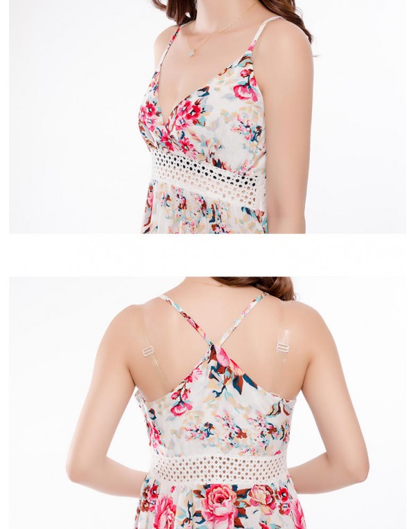 Sexy Women Sleeveless Strap Floral Printed V-neck Beach Maxi Dress