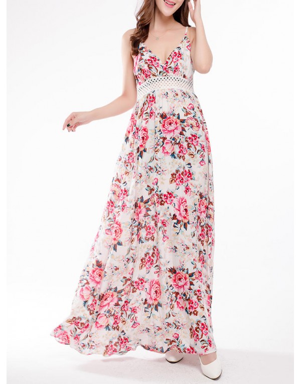 Sexy Women Sleeveless Strap Floral Printed V-neck Beach Maxi Dress