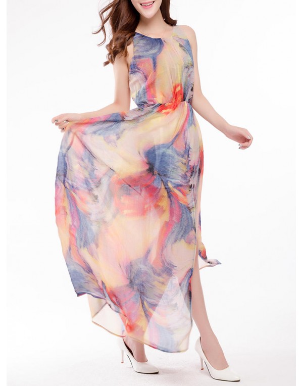 Sexy Women Floral Printed Beach Sleeveless Chiffon Maxi Dresses