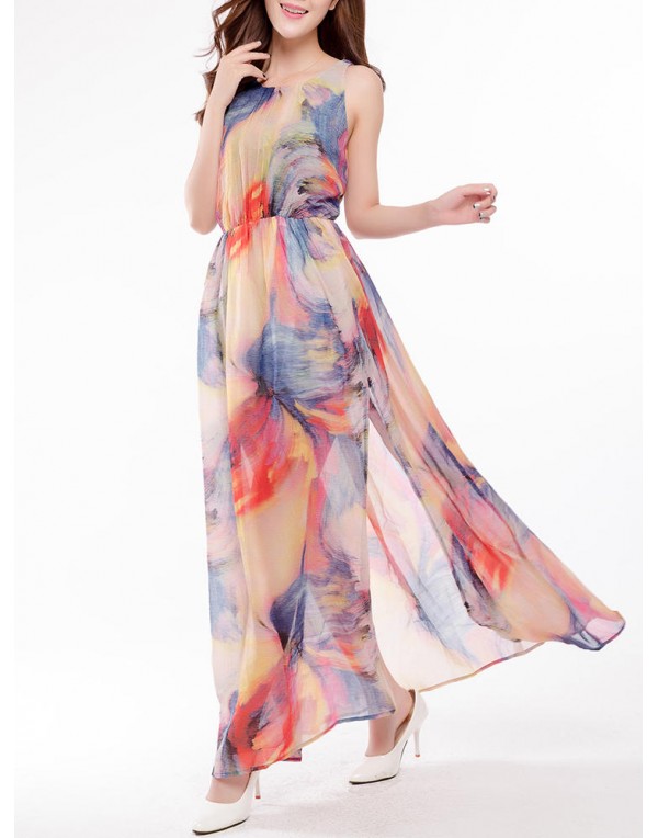 Sexy Women Floral Printed Beach Sleeveless Chiffon Maxi Dresses