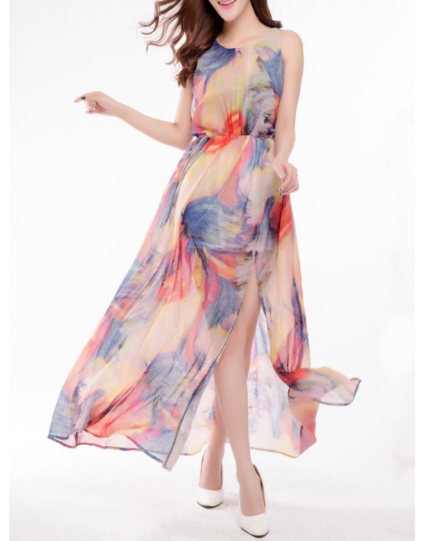 Sexy Women Floral Printed Beach Sleeveless Chiffon Maxi Dresses