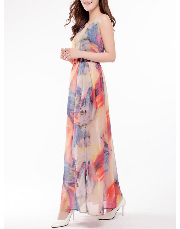 Sexy Women Floral Printed Beach Sleeveless Chiffon Maxi Dresses