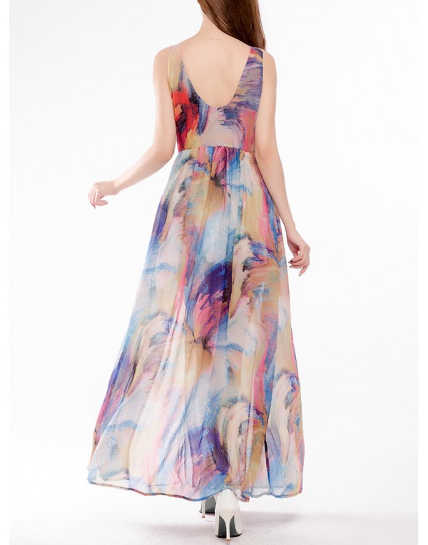 Sexy Women Floral Printed Beach Sleeveless Chiffon Maxi Dresses