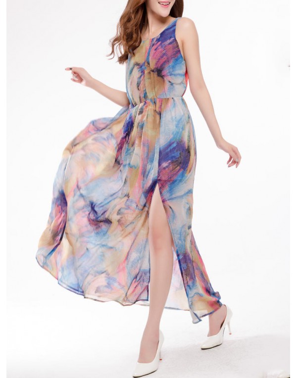 Sexy Women Floral Printed Beach Sleeveless Chiffon Maxi Dresses