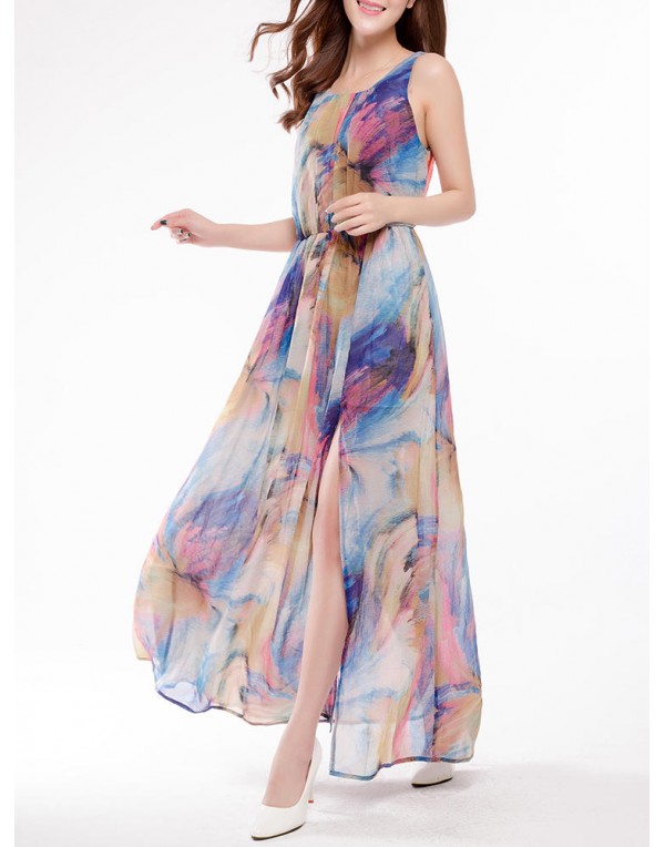 Sexy Women Floral Printed Beach Sleeveless Chiffon Maxi Dresses