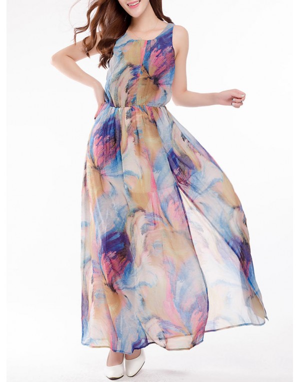 Sexy Women Floral Printed Beach Sleeveless Chiffon Maxi Dresses