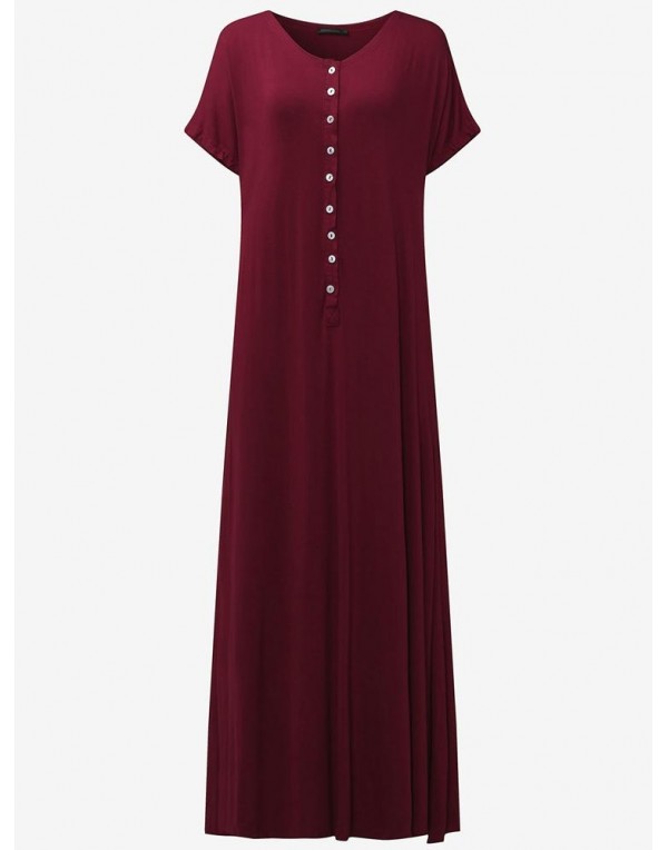 Casual Women Short Sleeve Side Split V-neck Maxi Dresses