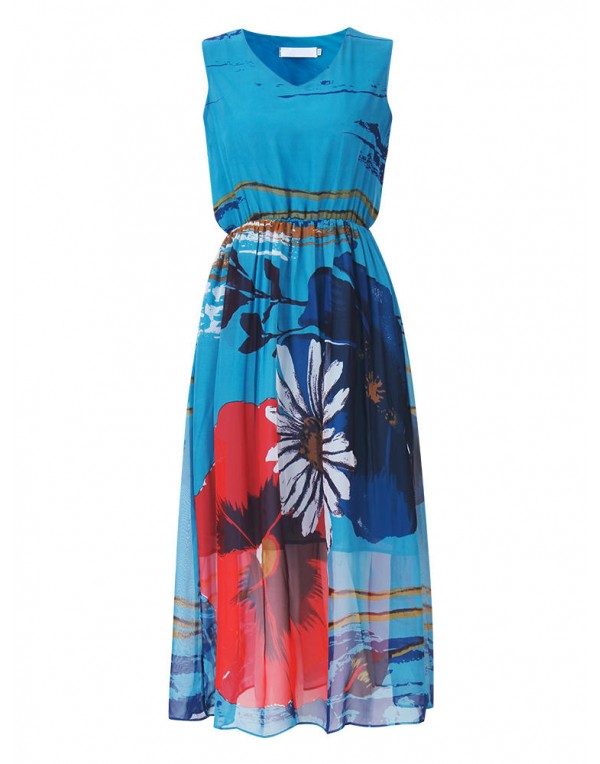 Women Sleeveless High Waist Floral Printed Chiffon Maxi Dress