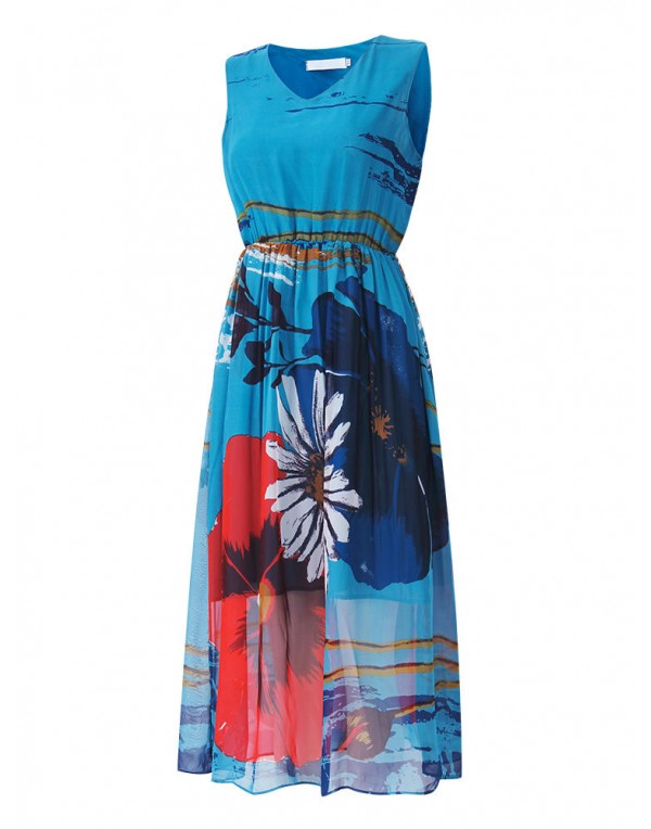 Women Sleeveless High Waist Floral Printed Chiffon Maxi Dress