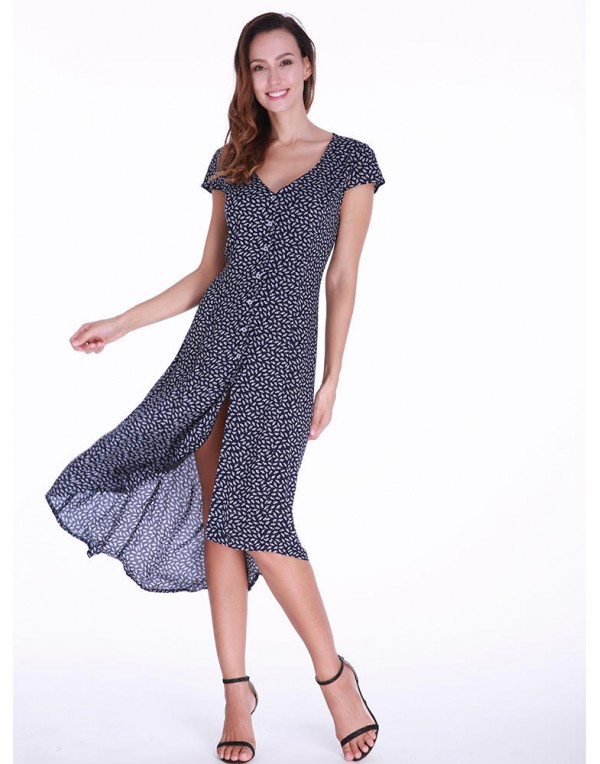 Short Sleeve Printed Irregular V-neck Maxi Dress For Women