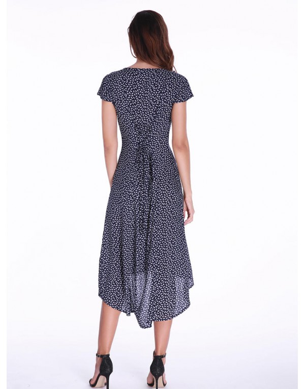 Short Sleeve Printed Irregular V-neck Maxi Dress For Women