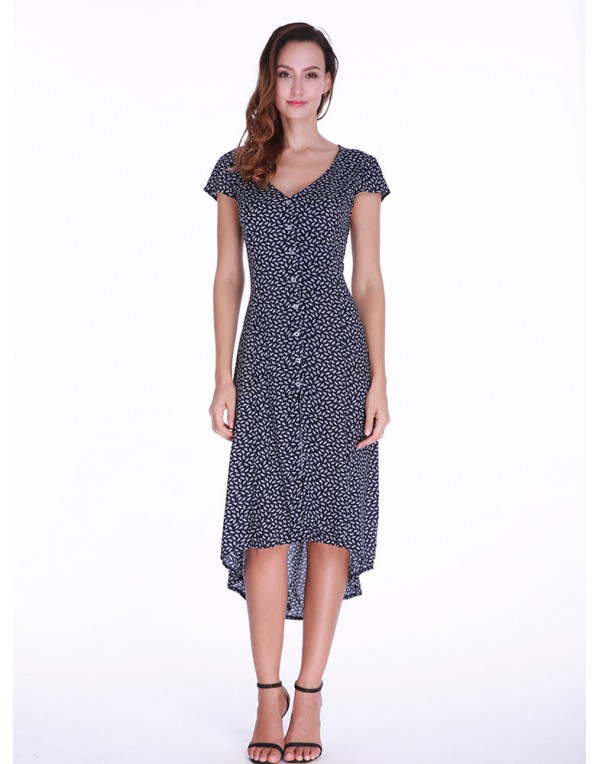 Short Sleeve Printed Irregular V-neck Maxi Dress For Women