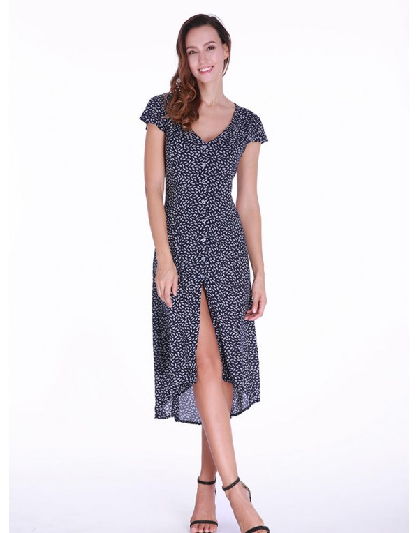 Short Sleeve Printed Irregular V-neck Maxi Dress For Women