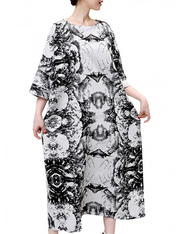 Vintage Women 3/4 Sleeve Ink Printed O-neck Pockets Robe Dresses