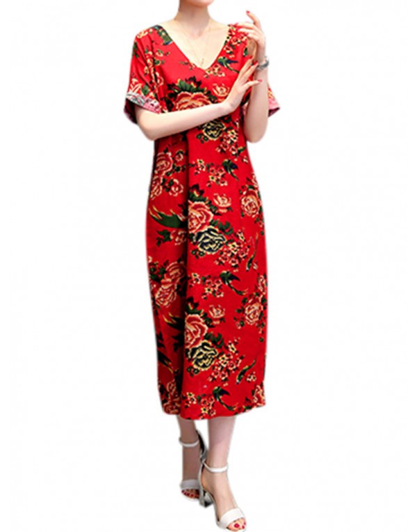 Floral Printed V-Neck Pockets Women Casual Long Dresses