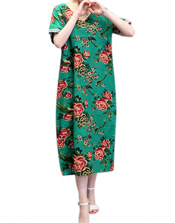 Floral Printed V-Neck Pockets Women Casual Long Dresses