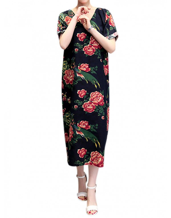 Floral Printed V-Neck Pockets Women Casual Long Dresses