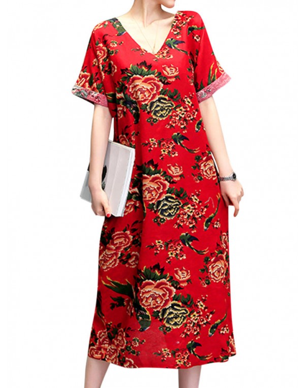 Floral Printed V-Neck Pockets Women Casual Long Dresses