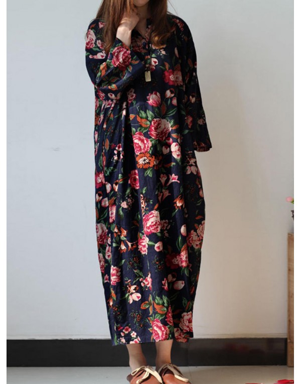 Retro Women Floral Printed 3/4 Sleeve Loose Maxi D...