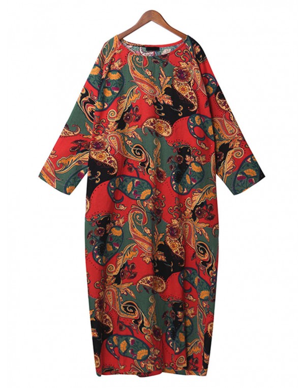 Retro Women Printing Long Sleeve Loose Ankle-Length Dresses