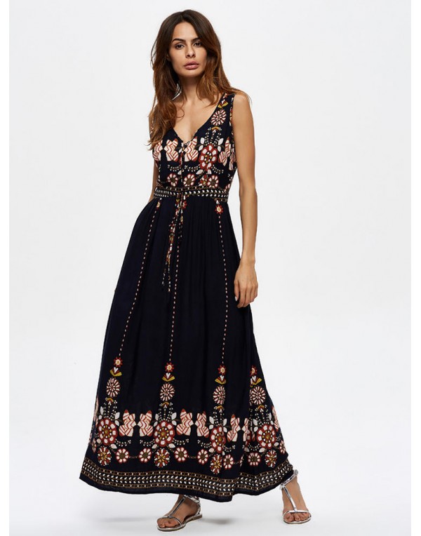 Bohemian Women Floral Printed Sleeveless V-Neck Hight Waist Maxi Dresses