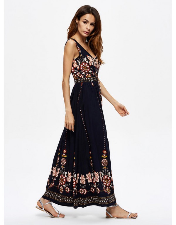 Bohemian Women Floral Printed Sleeveless V-Neck Hight Waist Maxi Dresses