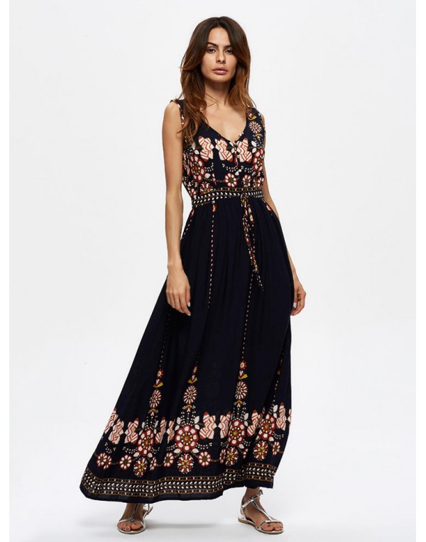 Bohemian Women Floral Printed Sleeveless V-Neck Hight Waist Maxi Dresses