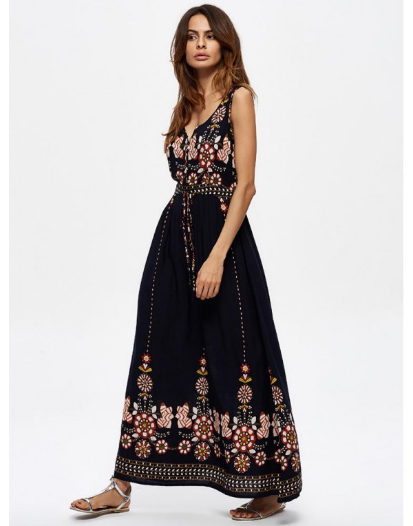 Bohemian Women Floral Printed Sleeveless V-Neck Hight Waist Maxi Dresses