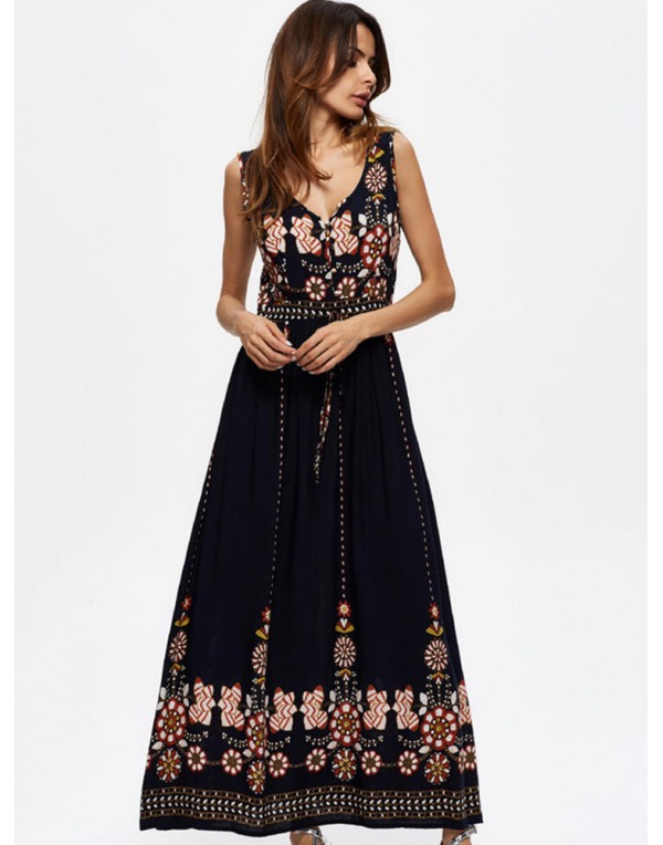 Bohemian Women Floral Printed Sleeveless V-Neck Hight Waist Maxi Dresses