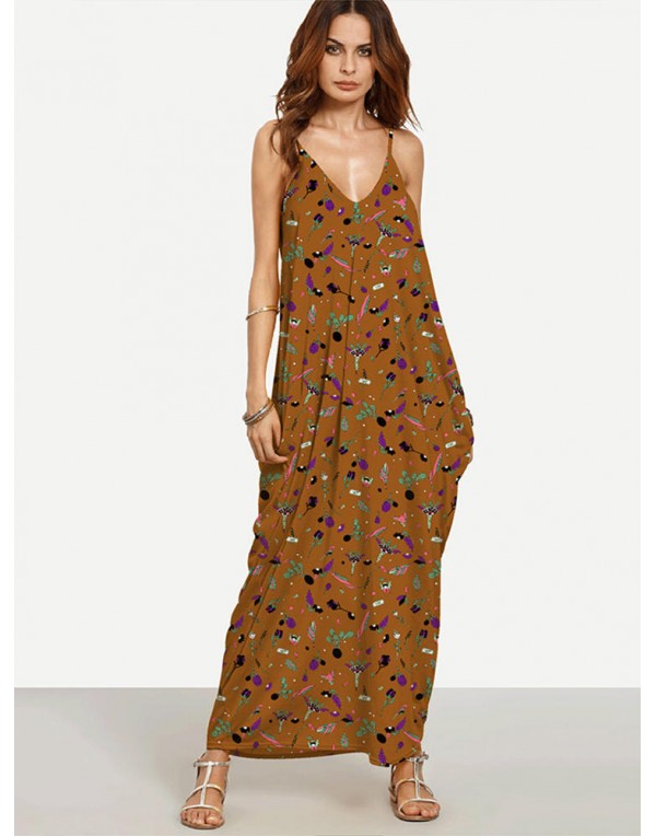 Sexy Printed V-neck Harness Women Maxi Dresses