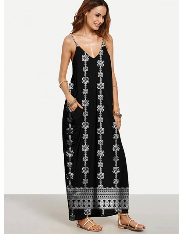 Sexy Printed V-neck Harness Women Maxi Dresses