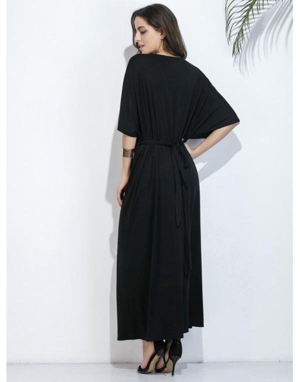 Black Women Half Sleeve Deep V-Neck Maxi Dresses