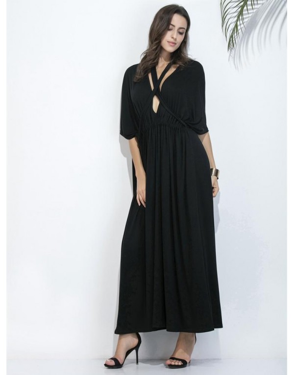 Black Women Half Sleeve Deep V-Neck Maxi Dresses